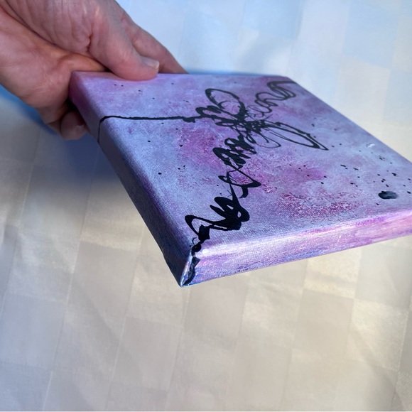 Original Abstract Calligraphy Butterfly Inspired Acrylic Pink Mini Painting, 6x6 - Picture 7 of 9